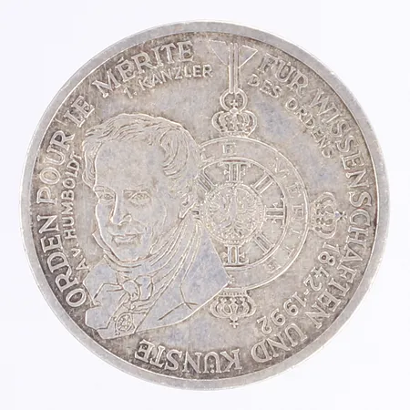 Silvermynt, 10 Deutsche Mark Order "Pour le Merite", 1992, Ø32mm, silver 625/1000 Vikt: 15,5 g