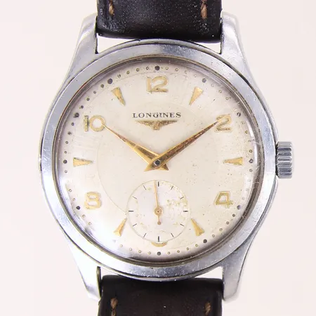 Herrur Longines, stål, manuell, ref-nr: 6263 21, serie-nr: 9281693, kaliber: 12.682, läderband ej original, repigt plexiglas samt repig boett, läderband samt urtavla med slitage, inga tillbehör