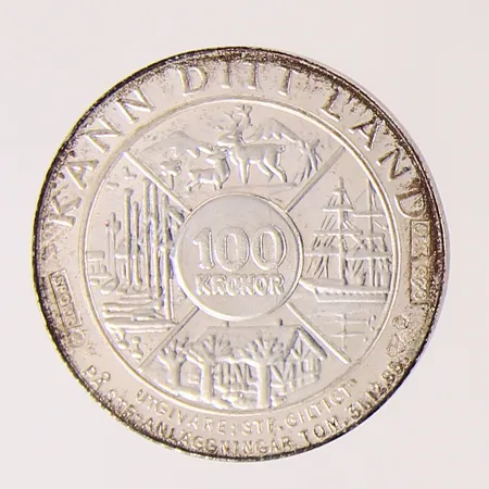 Minnesmynt 100kr - Svenska Turistföreningen 1885-1985, Ø27mm, etui, silver 925/1000.  Vikt: 9,4 g