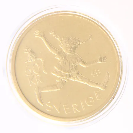 Minnesmynt, Ø36mm, Pippi Långstrump / Astrid Lindgren 1907-2002, nominellt värde 50kr, aluminiumbrons-legering, plastetui. Vikt: 0 g