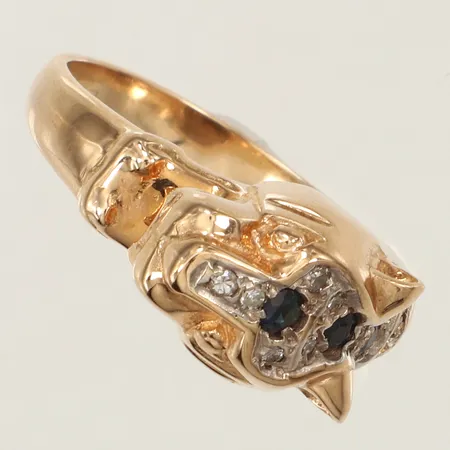 Ring panter med blå stenar, möjligen safirer och diamanter ca 13 x 0,01ct, stl 18, bredd ca 10mm, 14K Vikt: 11,3 g