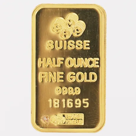 Guldtacka Pamp Suisse,  snr: 181695, finhalt: 999,9, bruten plombering samt borrhål, 24K guld. Vikt: 15,6 g