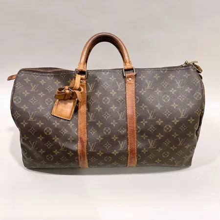 Väska Louis Vuitton Keepall 50, datumkod: VI884, 1980-tal, LV lås, saknar nyckel, slitage på läderdetaljer, lite odör, defekta detaljer, inga övriga tillbehör.