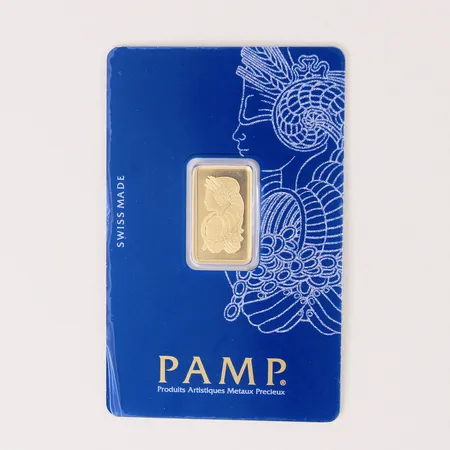 Guldtacka PAMP, serie-nr: C477977, 5g, Swiss Made, Fine Gold, plomberad, 999/1000 24K. 