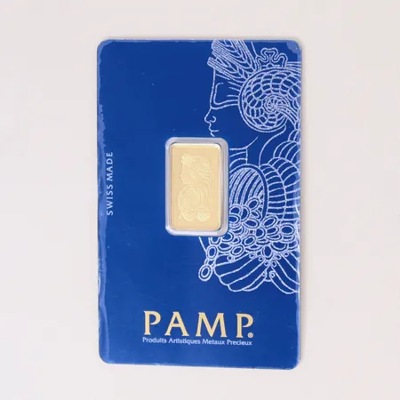 Guldtacka PAMP, serie-nr: C477977, 5g, Swiss Made, Fine Gold, plomberad, 999/1000 24K. 