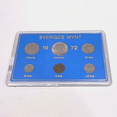 Myntsamling, Sveriges Mynt, från 1972, 1krona, 5kronor, 50öre, 10öre, 5öre, 25öre, i repigt plastetui