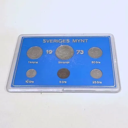 Myntsamling, Sveriges Mynt, från 1973, 1krona, 5kronor, 50öre, 10öre, 5öre, 25öre, i repigt plastetui