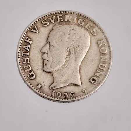 Mynt i silver, 1krona, 1936, vikt 7,43g.