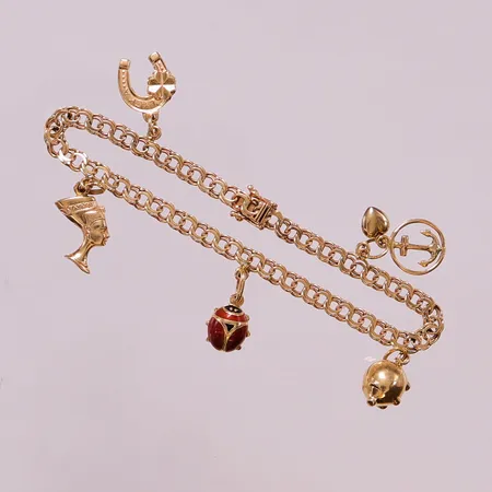 Armband, 19,5cm, bredd:4mm, 5 berlocker, 18K 12,0g.