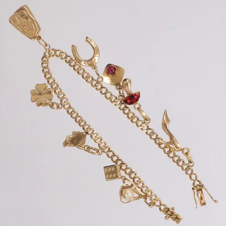 Armband med berlocker, längd 19cm, bucklor, slitna länkar, 18K Vikt: 14,4 g