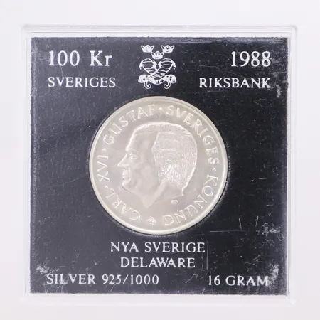 Minnesmynt, 100 kr, Nya Sverige Delaware, 1638-1988, Ø32mm, 925/1000 silver, plastetui Vikt: 16 g