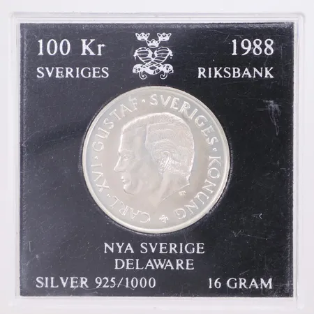 Minnesmynt, 100 kr, Nya Sverige Delaware, 1638-1988, Ø32mm, 925/1000 silver, plastetui Vikt: 16 g