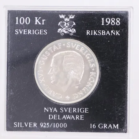 Minnesmynt, 100 kr, Nya Sverige Delaware, 1638-1988, Ø32mm, 925/1000 silver, plastetui Vikt: 16 g