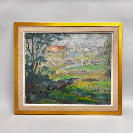 Tavla, olja på duk, 51x61cm, "Morgonljus", Nisse Zetterberg (1910-1986), monogramsignerad 1946, litet hål i duk, färgbortfall, kantskada på inre ram, slitage på ram Vikt: 0 g Skickas med postpaket.
