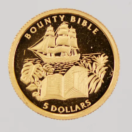 Mynt, Ø13,9mm, 5 Dollars, Elizabeth II, Pitcairn Islands, 2005, Garantikort, 24K,  Vikt: 1,3 g