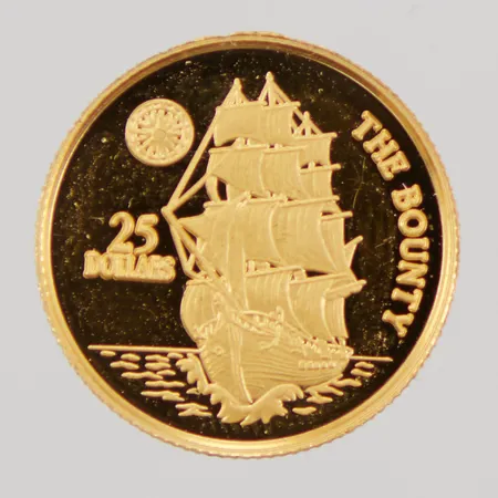 Mynt, Ø13,9mm, 25 Dollars, The Bounty, NIUE 1996 Garantikort, 24K,  Vikt: 1,2 g