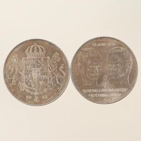 Två minnesmynt, kungligt bröllop 1976, silver, 925/1000 Vikt: 5,8 g