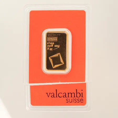 Guldtacka Valcambi, #AA346298, klippt etui, borrhål, 999,9/1000 Vikt: 20 g