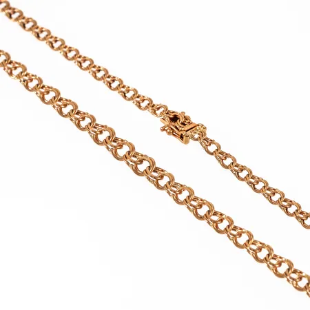 Collier bismarck i 18K guld. Den är 42 cm lång, 3,7 - 5,2 mm bred och väger 10,6g. Kistlås.