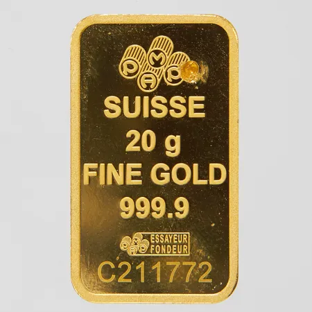 Guldtacka, Suisse Fine Gold 999,9, 24K, serienumrerad, borrhål, ursprungligen 20,0g, guldspån medföljer.