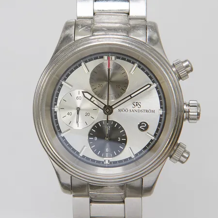 Herrur Sjöö Sandström Royal Steel Chronograph, stål, automatisk, 42mm, snr: 239, Cal. 7750, kronograf, datum, stållänk, dubbelviklås, extra urtavla (svart) med visare, box.