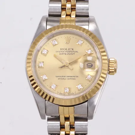 Damur Rolex Datejust, stål/guld, automatisk, 26mm, ref: 69173, snr: L352505, ca 1989, boettnr: 69000A, Cal. 2135, verknr: 1194005, diamantindex, datum, jubileelänk, ref: 62523 D.18 N 8, inga tillbehör