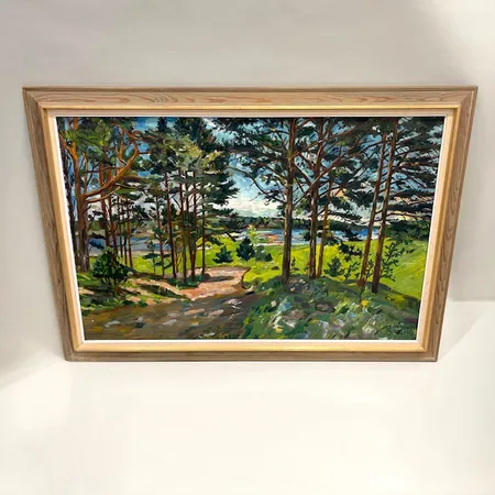 Tavla, olja på pannå, Karl Dahlqvist, signerad och daterad år 1944, Vindö, mått inklusive ram ca 100x70cm, mindre repor på träram.  Vikt: 0 g Skickas med postpaket.
