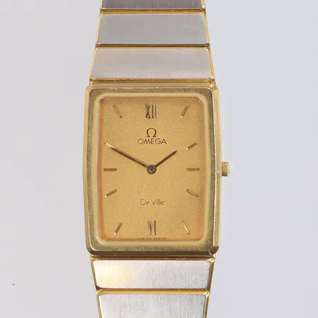 Herrur Omega De Ville 24x30mm, quartz, integrerad originallänk (1429/403), orginalkrona, guld på stål, ca 1980-tal 