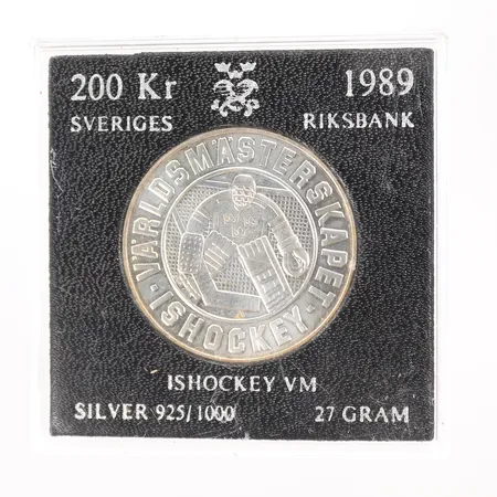 Minnesmynt, ishockey-VM 1989, plastetui, silver 925/1000, 27g Vikt: 27 g