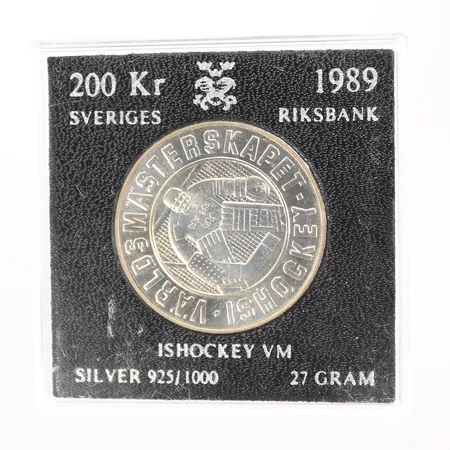 Minnesmynt, ishockey-VM 1989, plastetui, silver 925/1000, 27g Vikt: 27 g