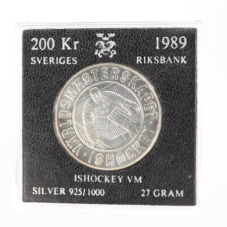 Minnesmynt, ishockey-VM 1989, plastetui, silver 925/1000, 27g Vikt: 27 g