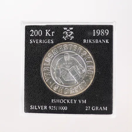 Minnesmynt, ishockey-VM 1989, plastetui, silver 925/1000, 27g Vikt: 27 g