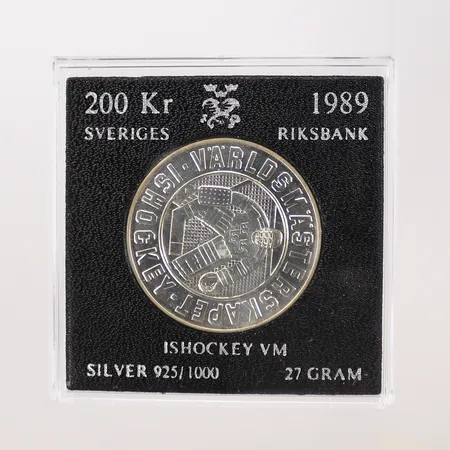 Minnesmynt, ishockey-VM 1989, plastetui, silver 925/1000, 27g Vikt: 27 g