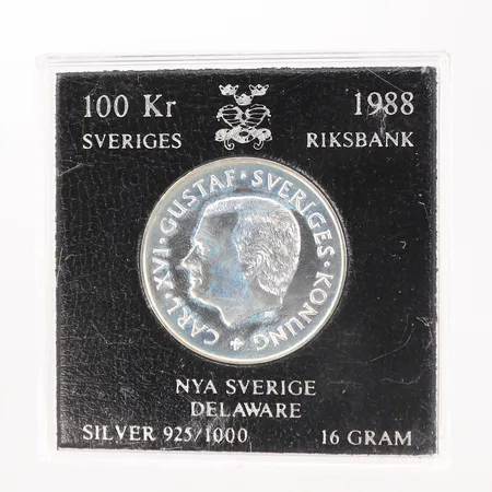 Minnesmynt, Carl XVI Gustaf Nya Sverige - Delaware, 1988, 100kr, silver 925/1000, 16g Vikt: 16 g