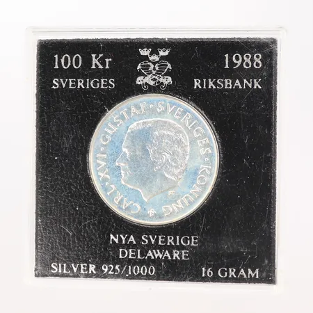 Minnesmynt, Carl XVI Gustaf 1988, Nya Sverige - Delaware, 100kr, silver 925/1000, 16g Vikt: 16 g