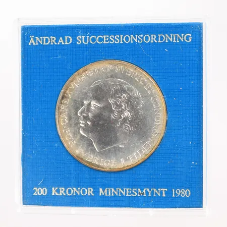 Minnesmynt Carl XVI Gustaf, För Sverige i tiden, 1980, 200kr, silver 925/1000, 27g Vikt: 27 g