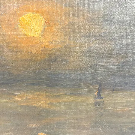 Tavla, olja på duk, Per Ekström, solnedgång med båt, ca 17x31cm, signerad, a tergo dedikerad, duk med tryckmärken efter spännram, mindre krackelyr, mindre hål.  Vikt: 0 g Skickas med postpaket.