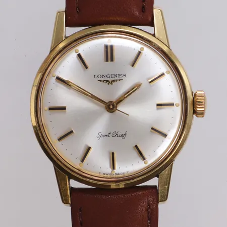 Herrur Longines Sport Chief, 34mm, manuell, guld på stål, cal 280, verknr: 13253888, boettnr: 7633 1 963, ref: 7633, plexiglas,  läderband ej original, inga tillbehör