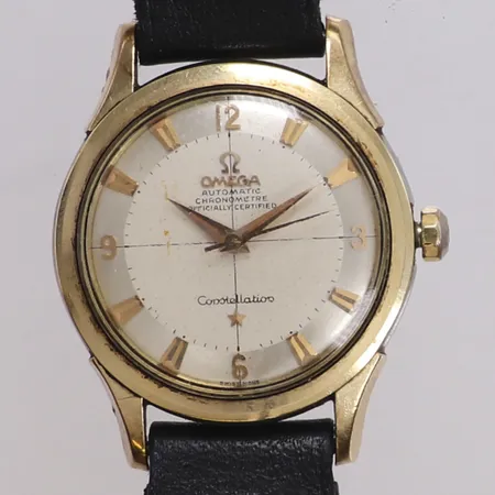 Herrur Omega Constellation, 35mm, automatisk, guld på stål, repigt plexiglas,  läderband ej original, inga tillbehör