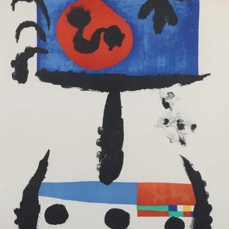 Tavla, färglitografi, Joan Miró, "Palotin Giron", signerad och daterad 1955 med blyerts, numrerad 26/50, flertalet fläckar, bladstorlek ca 75,5cm x 56cm, ej examinerad. Specialfrakt, kontakta pantbankskontoret för mer information.