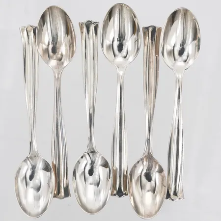 Sex moccaskedar, modell Birgitta, längd: 10,9cm, K. G. Markströms Guldsmeds AB år 1976-1984, Uppsala, datumgravyr, 830/1000 silver. Vikt: 77,2 g