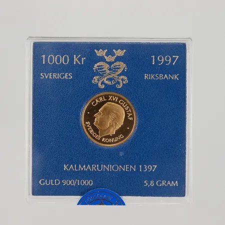 Minnesmynt, Carl XVI Gustaf,Margareta Kalmar Unionen 1397, Sveriges Riksbank, ca Ø21mm, 1000kr 1997, 21,6K, plastetui,  Vikt: 5,8 g