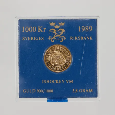 Minnesmynt, Världsmästerskapet Ishockey, Sveriges Riksbank, ca Ø21mm, 1000kr 1989, 21,6K, plastetui,  Vikt: 5,8 g