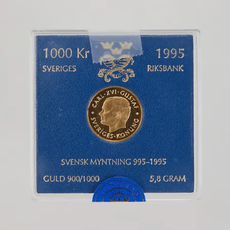 Minnesmynt, Carl XVI Gustaf, Svensk Myntning 995-1995, Sveriges Riksbank, ca Ø21mm, 1000kr 1995, 21,6K, plastetui,  Vikt: 5,8 g