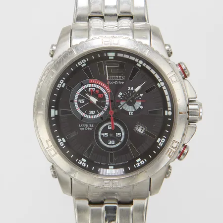 Herrur Citizen Chrono Eco drive, Ø 46mm, datum, kronograf, cal H500, stål, refnr: AT0760-51E, stållänk, viklås, extra länkar, repig länk samt boett, inga tillbehör.  Vikt: 0 g
