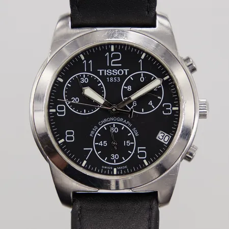 Herrur Tissot PR50, Ø38mm, kronograf quartz, ref:J378/478, serienr: QKQ-BB-66680, stål, läderband ej original, bruksslitage, batteribyte krävs, inga tillbehör.