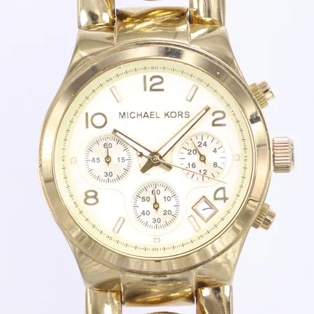 Damur, Michael Kors, quartz, referensnummer MK-3131, kronograf, datum, gulmetall, länk ca 16cm, inga tillbehör Vikt: 0 g