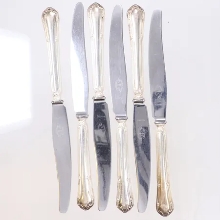 6 knivar med rostfria blad, längd 18cm, Nordiska Kompaniet Ab, importstämpel, lätta bucklor, 830/1000 silver. Bruttovikt 200,5g. 