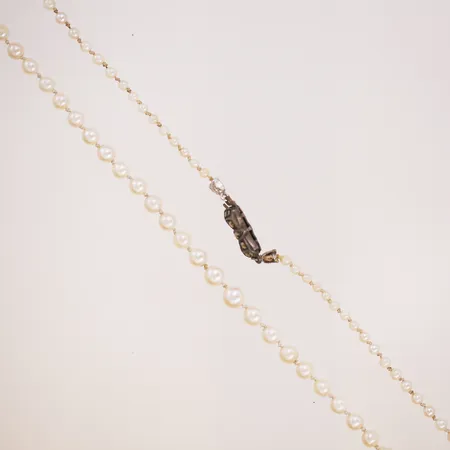 Pärlcollier med odlade saltvattenpärlor, Ø 2,5-5,5mm, flertalet pärlor med kraftigt slitage, längd 57cm, lås i silver med markasiter, i etui Vikt: 9,5 g