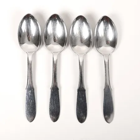 Fyra matskedar, "Mitra", rostfritt stål, Georg Jensen, längd ca 19cm, slitage. Vikt: 0 g
